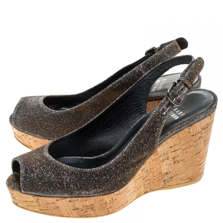 Pre Owned Stuart Weitzman Grey/Gold Shimmer Fabric Jean Peep Toe Cork Wedge Slingback Sandals Size 36