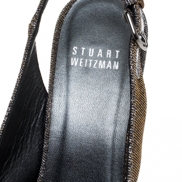 Pre Owned Stuart Weitzman Grey/Gold Shimmer Fabric Jean Peep Toe Cork Wedge Slingback Sandals Size 36