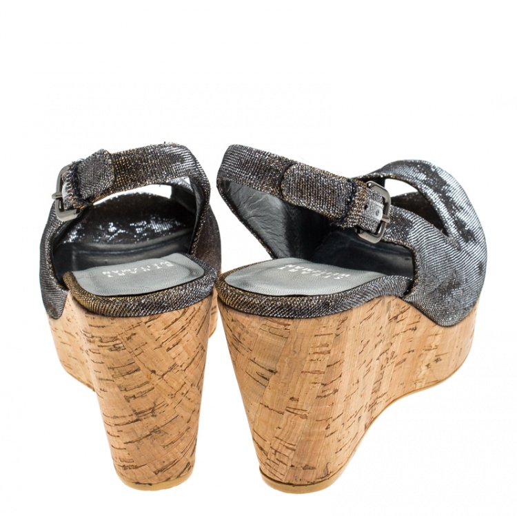 Pre Owned Stuart Weitzman Grey/Gold Shimmer Fabric Jean Peep Toe Cork Wedge Slingback Sandals Size 36
