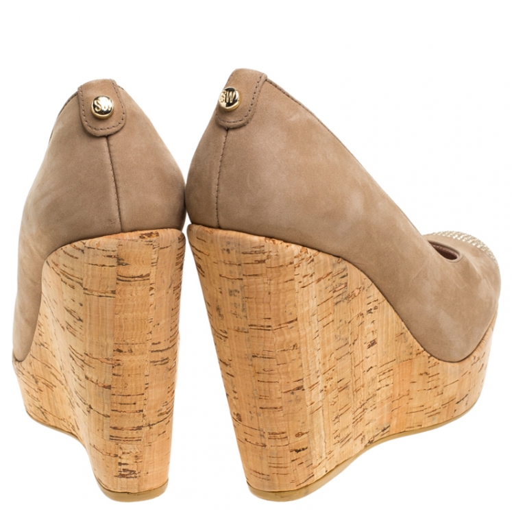 Pre Owned Stuart Weitzman Nubuck Embellished Cork Wedge Platform Pumps Size 37
