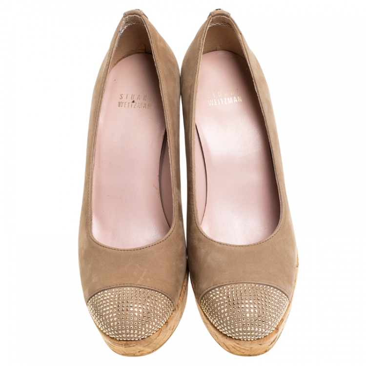 Pre Owned Stuart Weitzman Nubuck Embellished Cork Wedge Platform Pumps Size 37