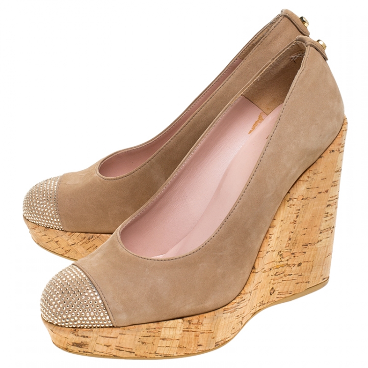 Pre Owned Stuart Weitzman Nubuck Embellished Cork Wedge Platform Pumps Size 37