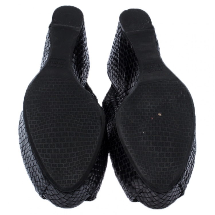 Pre Owned Stuart Weitzman Black Woven Leather Peep Toe Wedge Slingback Sandals Size 40