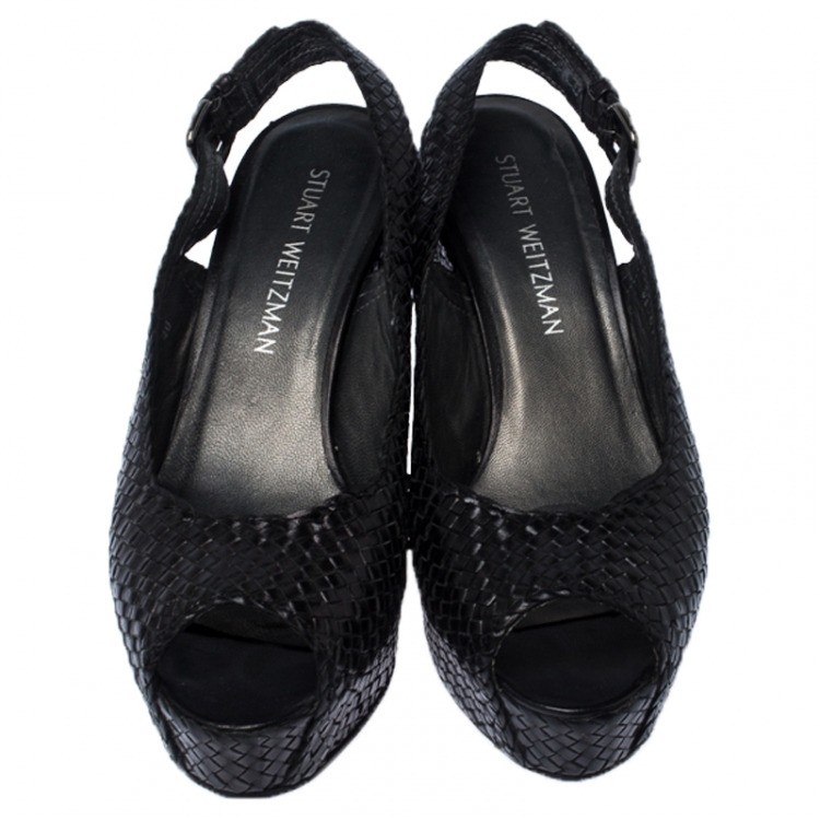 Pre Owned Stuart Weitzman Black Woven Leather Peep Toe Wedge Slingback Sandals Size 40