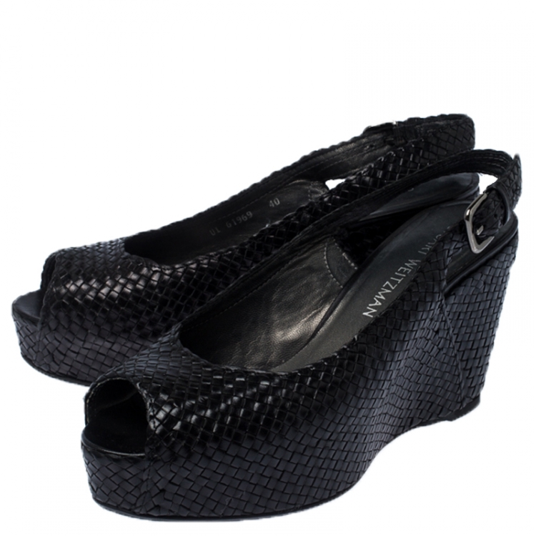 Pre Owned Stuart Weitzman Black Woven Leather Peep Toe Wedge Slingback Sandals Size 40