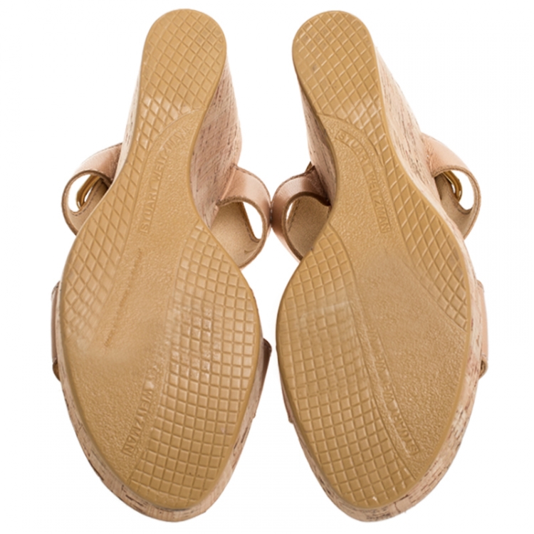 Pre Owned Stuart Weitzman Beige Leather Open Toe Cork Wedge Slingback Sandals Size 37