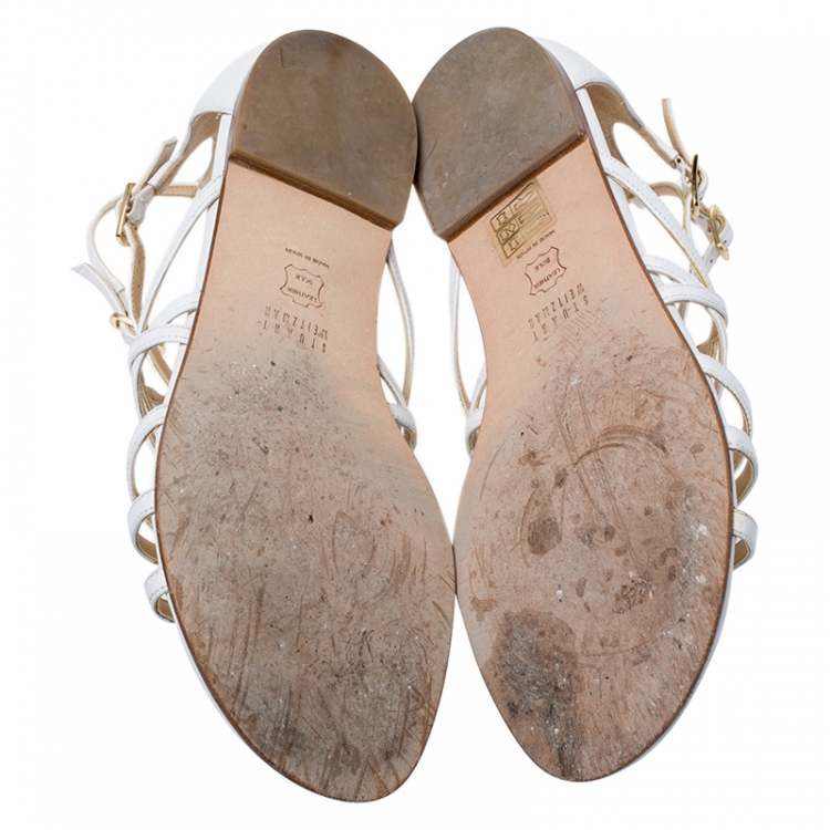 Pre Owned Stuart Weitzman White Leather Staycool Flat Sandals Size 38