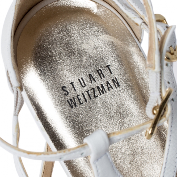Pre Owned Stuart Weitzman White Leather Staycool Flat Sandals Size 38