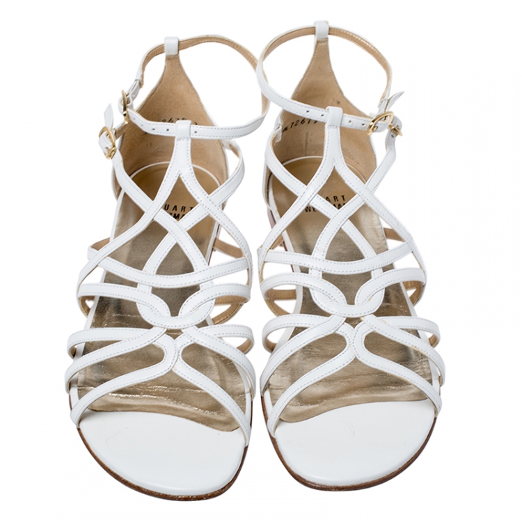 Pre Owned Stuart Weitzman White Leather Staycool Flat Sandals Size 38