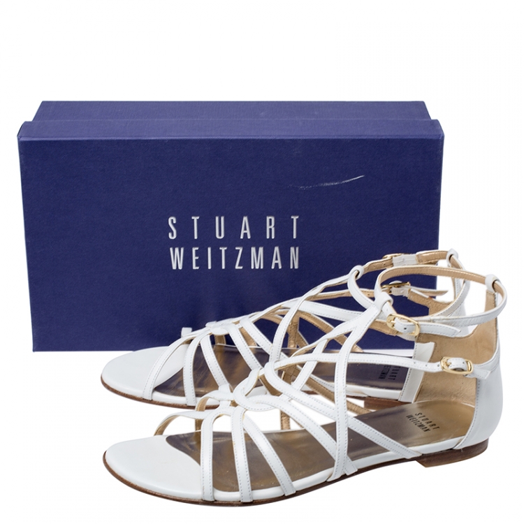 Pre Owned Stuart Weitzman White Leather Staycool Flat Sandals Size 38