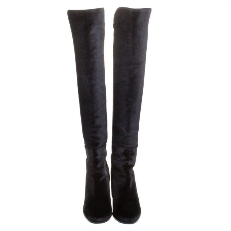 Pre Owned Stuart Weitzman Black Stretch Velvet Over The Knee Block Heel Boots Size 38