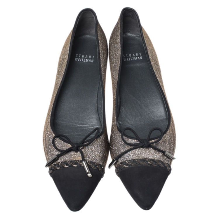 Pre Owned Stuart Weitzman Glitter Fabric And Black Suede Bow Pointed Cap Toe Ballet Flats Size 38.5