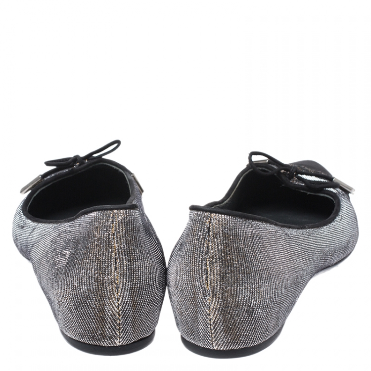 Pre Owned Stuart Weitzman Glitter Fabric And Black Suede Bow Pointed Cap Toe Ballet Flats Size 38.5
