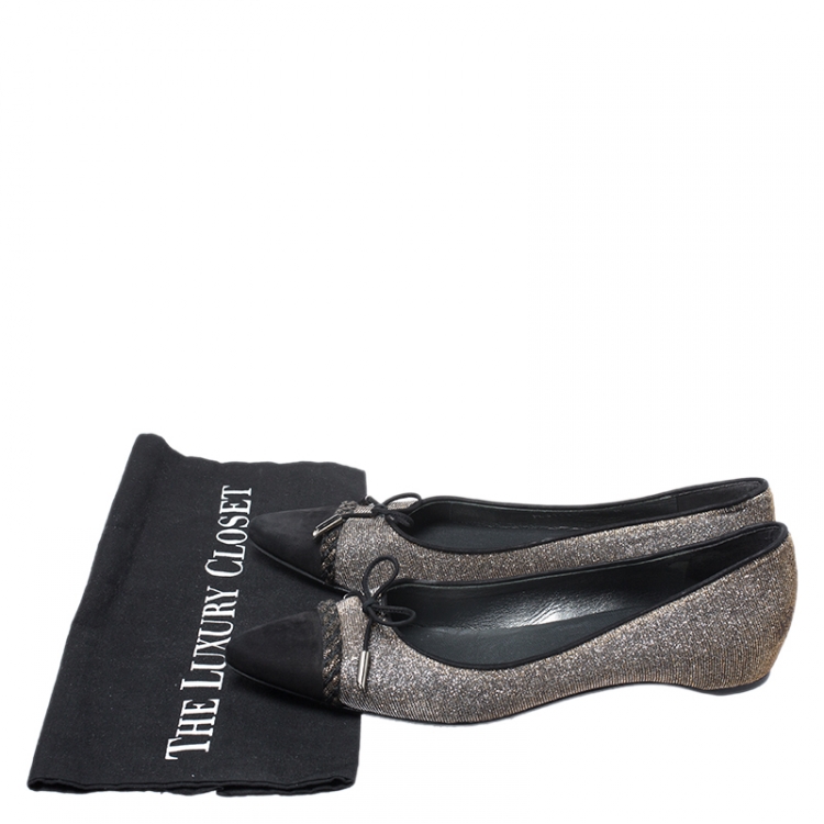 Pre Owned Stuart Weitzman Glitter Fabric And Black Suede Bow Pointed Cap Toe Ballet Flats Size 38.5