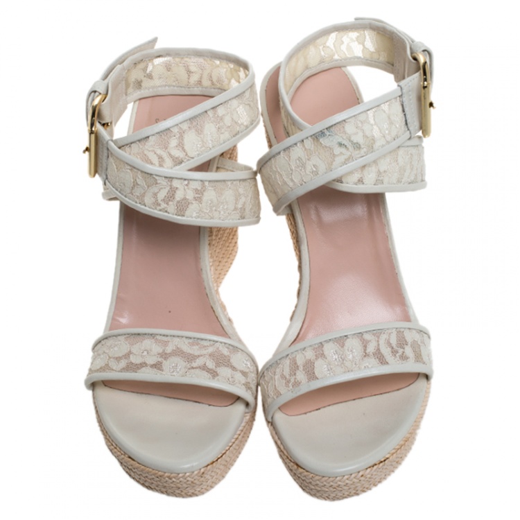 Pre Owned Stuart Weitzman White Lace Guipure Wedge Espadrille Sandals Size 38