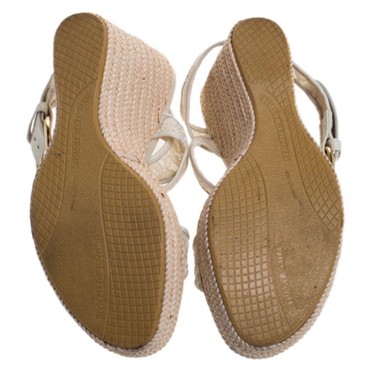 Pre Owned Stuart Weitzman White Lace Guipure Wedge Espadrille Sandals Size 38