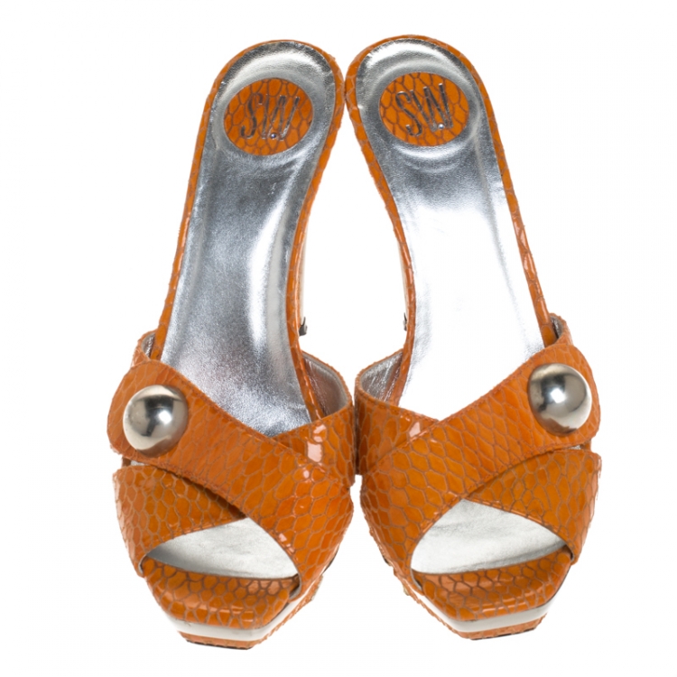 Pre Owned Stuart Weitzman Orange Criss Cross Python Effect Leather Metal Platform Sandals Size 38