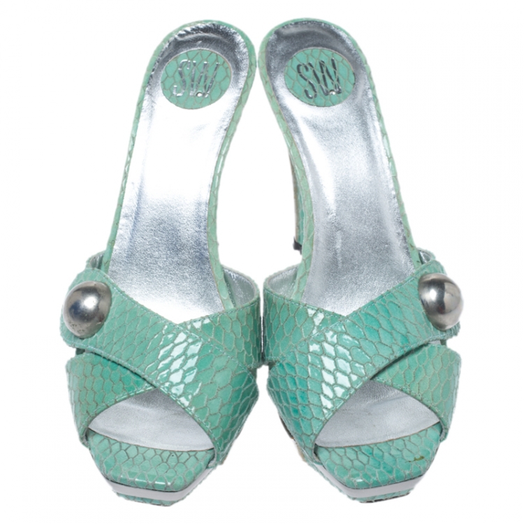 Pre Owned Stuart Weitzman Green Criss Cross Python Effect Leather Metal Platform Sandals Size 38