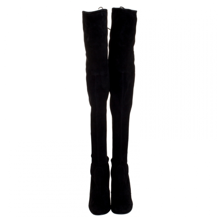 Pre Owned Stuart Weitzman Black Suede Leather Highland Over The Knee Boots Size 39