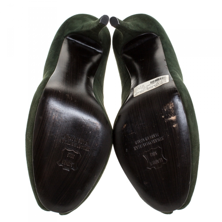 Pre Owned Stuart Weitzman Green Suede Peep Toe Platform Pumps Size 40.5