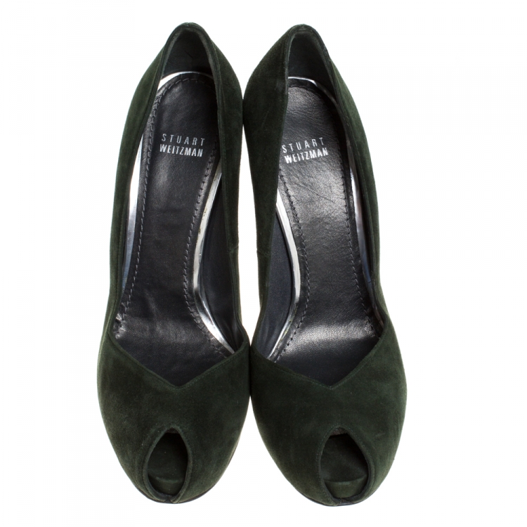Pre Owned Stuart Weitzman Green Suede Peep Toe Platform Pumps Size 40.5