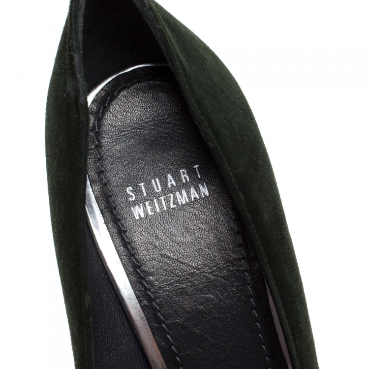 Pre Owned Stuart Weitzman Green Suede Peep Toe Platform Pumps Size 40.5