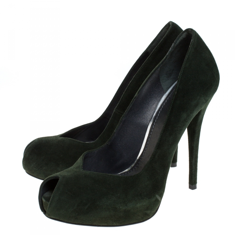 Pre Owned Stuart Weitzman Green Suede Peep Toe Platform Pumps Size 40.5