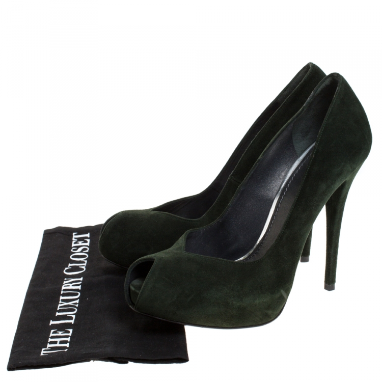 Pre Owned Stuart Weitzman Green Suede Peep Toe Platform Pumps Size 40.5
