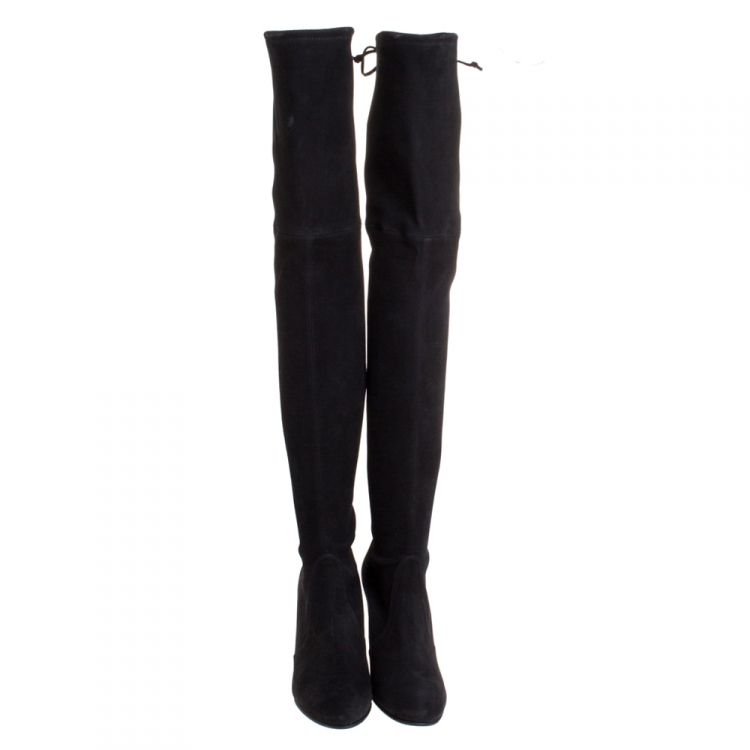 Pre Owned Stuart Weitzman Black Suede Leather Highland Over The Knee Boots Size 37