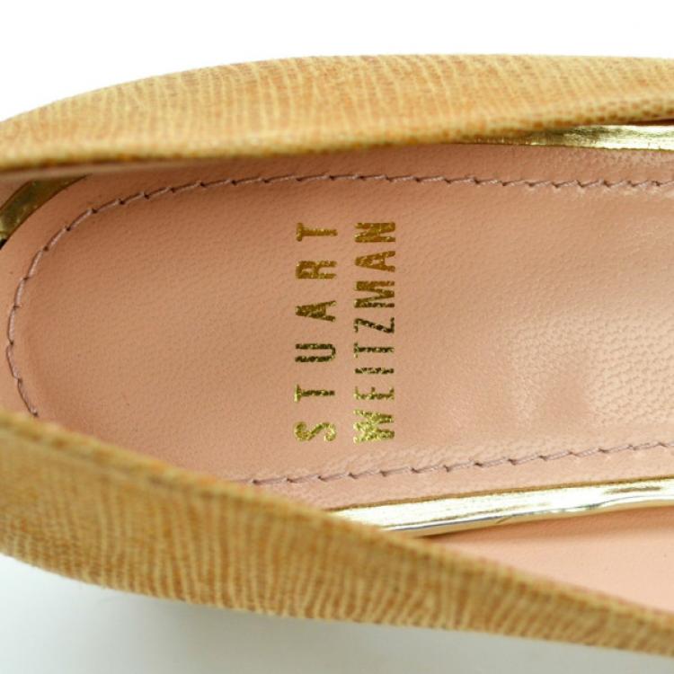 Pre Owned Stuart Weitzman Beige Lizard Embossed Logosavoir Peep Toe Pumps Size 37