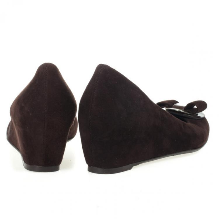 Pre Owned Stuart Weitzman Brown Suede Bow Wedges Size 39.5