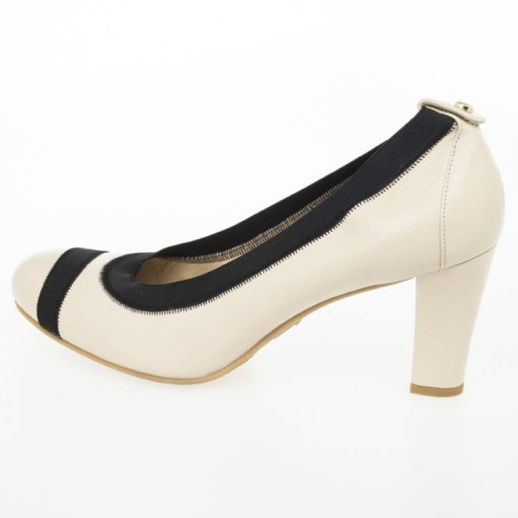 Pre Owned Stuart Weitzman Cream &amp; Black Elastic Trim Easily Pumps Size 39.5