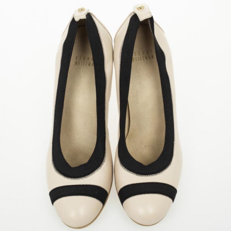 Pre Owned Stuart Weitzman Cream &amp; Black Elastic Trim Easily Pumps Size 39.5