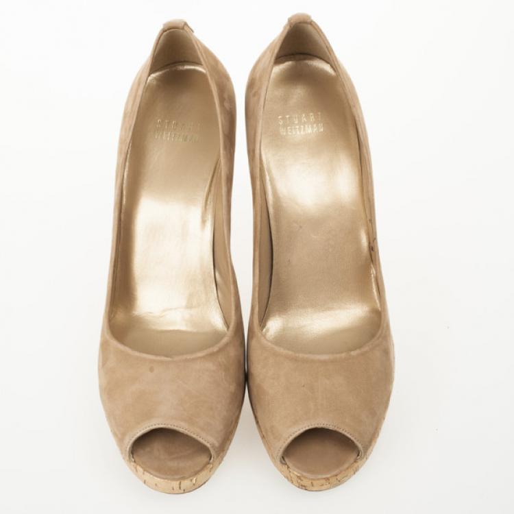 Pre Owned Stuart Weitzman Beige Suede Peep Toe Pumps Size 41.5