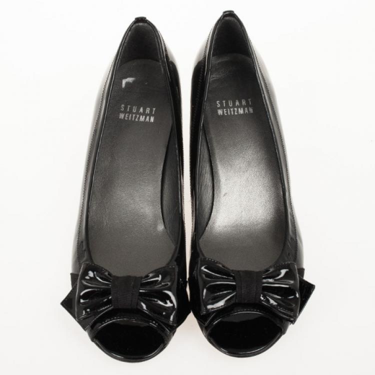 Pre Owned Stuart Weitzman Black Patent Lovebow Peep Toe Wedges Size 36.5