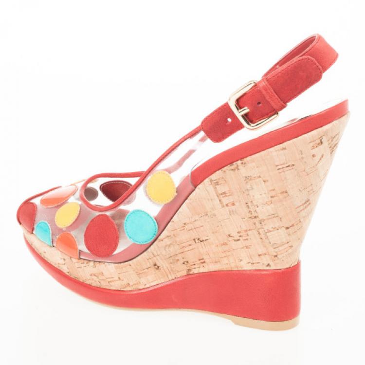 Pre Owned Stuart Weitzman Red Hokuspocus Slingback Wedges Sandals Size 38.5
