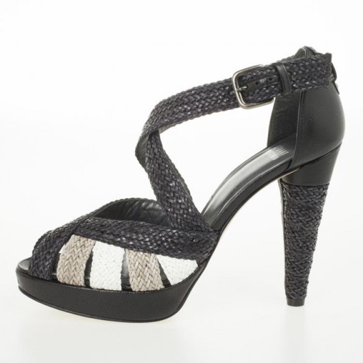 Pre Owned Stuart Weitzman Black Bradford Woven Braided Leather Platform Sandals Size 38.5