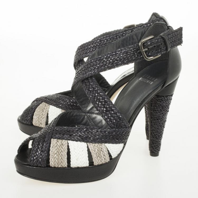 Pre Owned Stuart Weitzman Black Bradford Woven Braided Leather Platform Sandals Size 38.5