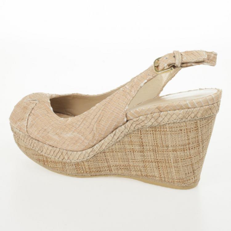 Pre Owned Stuart Weitzman Beige Snake Embossed Capexcise Slingback Wedges Sandals Size 39
