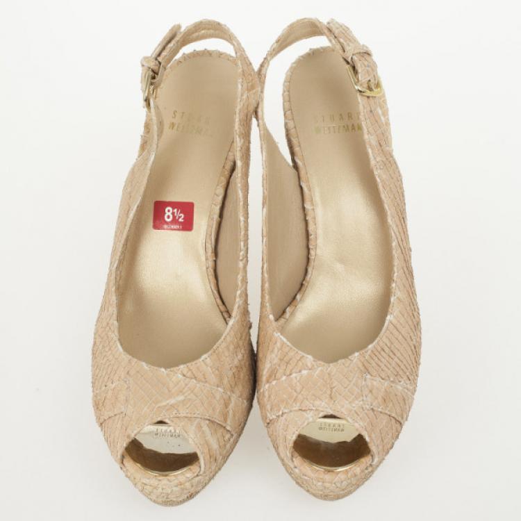 Pre Owned Stuart Weitzman Beige Snake Embossed Capexcise Slingback Wedges Sandals Size 39