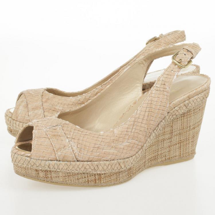 Pre Owned Stuart Weitzman Beige Snake Embossed Capexcise Slingback Wedges Sandals Size 39