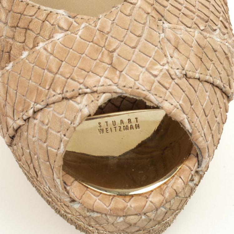 Pre Owned Stuart Weitzman Beige Snake Embossed Capexcise Slingback Wedges Sandals Size 39