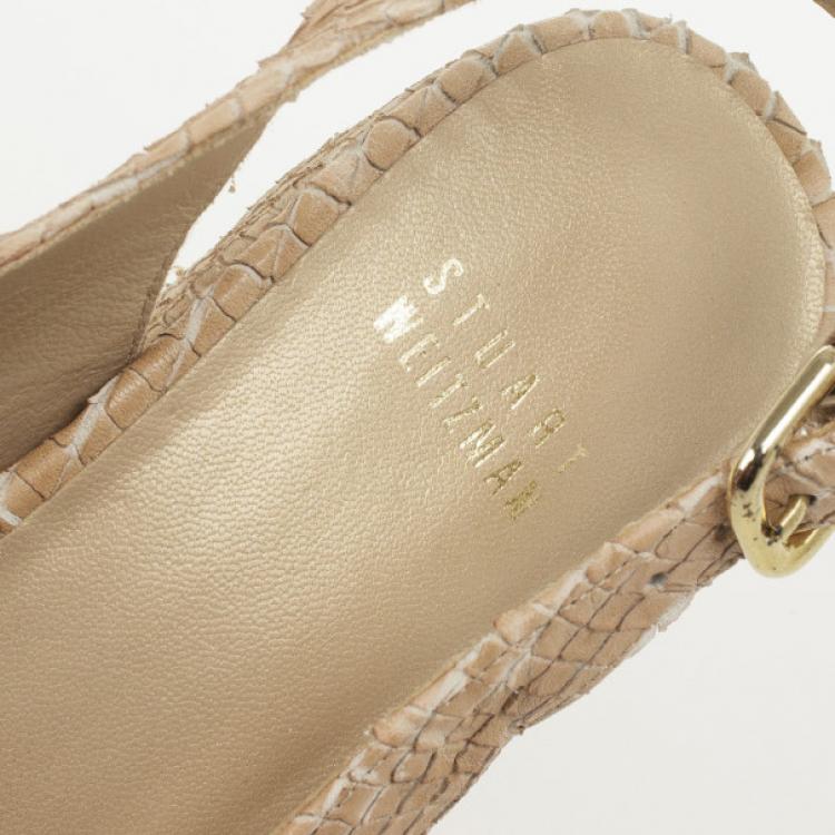 Pre Owned Stuart Weitzman Beige Snake Embossed Capexcise Slingback Wedges Sandals Size 39