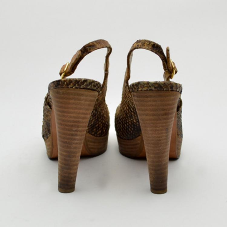 Pre Owned Stuart Weitzman Python Embossed Peep Toe Slingback Sandals Size 39