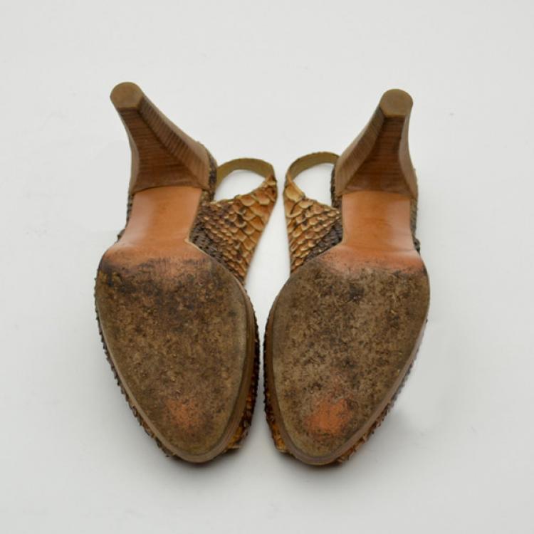 Pre Owned Stuart Weitzman Python Embossed Peep Toe Slingback Sandals Size 39