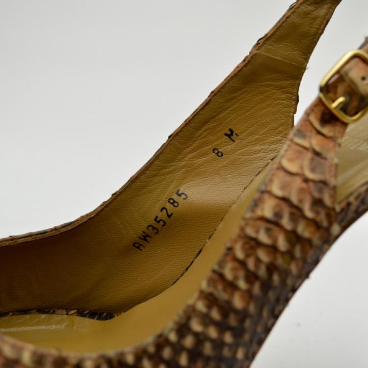 Pre Owned Stuart Weitzman Python Embossed Peep Toe Slingback Sandals Size 39