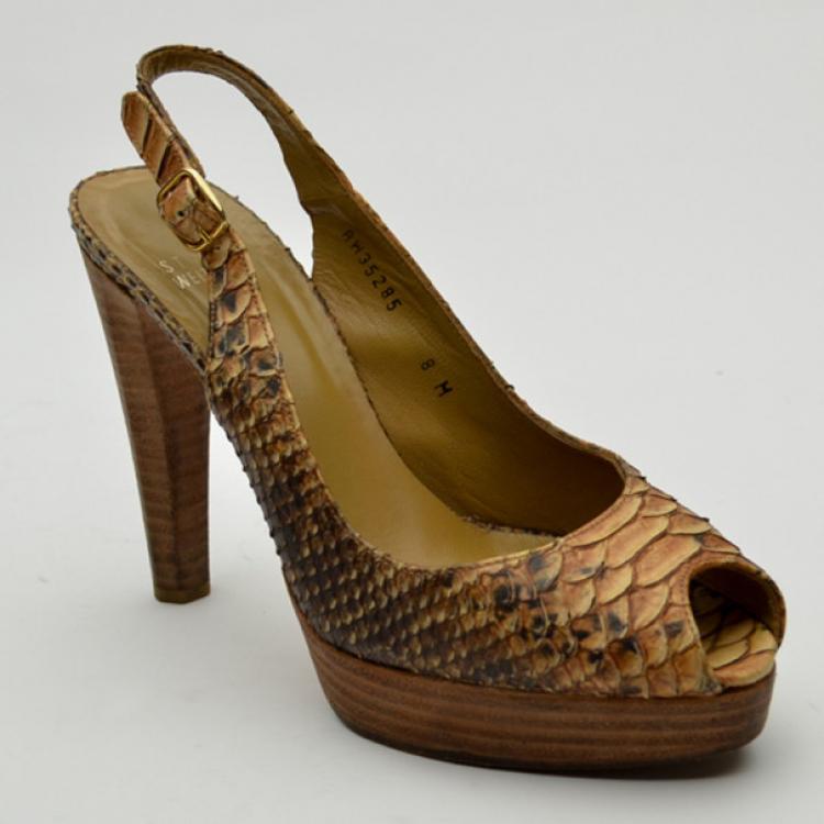 Pre Owned Stuart Weitzman Python Embossed Peep Toe Slingback Sandals Size 39