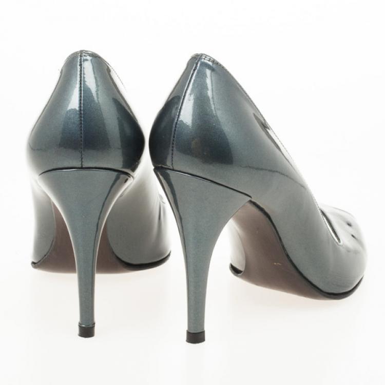 Pre Owned Stuart Weitzman Metallic Patent Victoria Peep Toe Platform Pumps Size 38.5