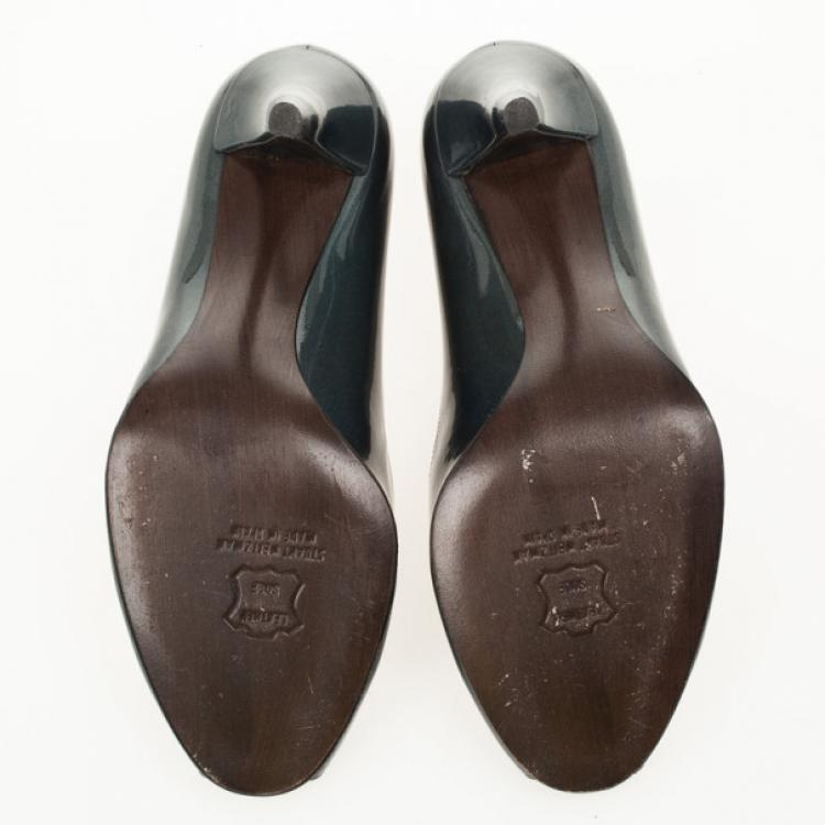 Pre Owned Stuart Weitzman Metallic Patent Victoria Peep Toe Platform Pumps Size 38.5