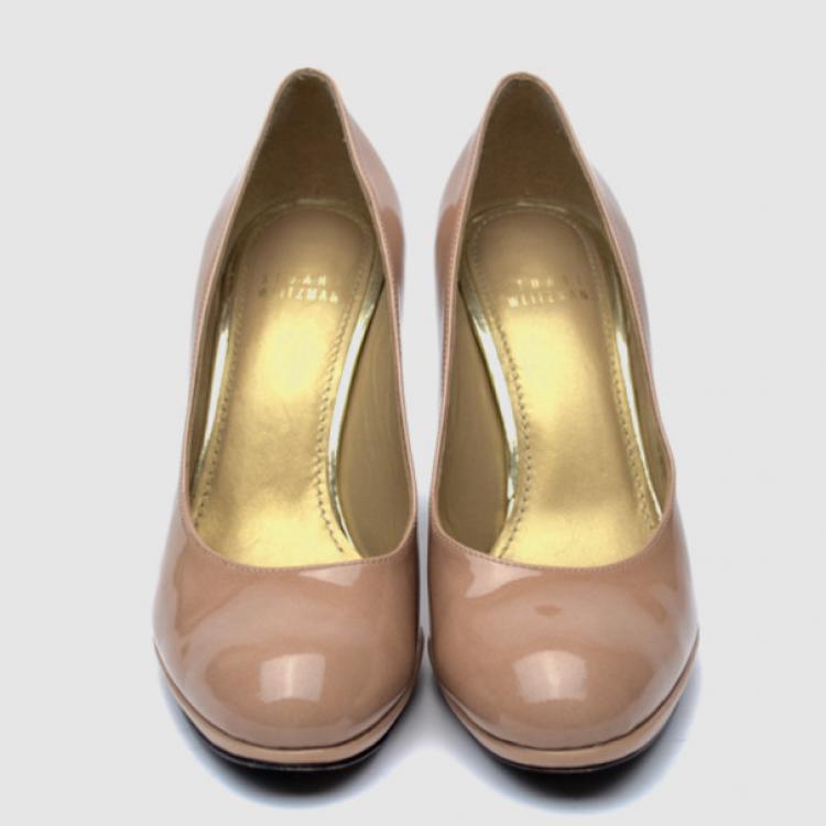 Pre Owned Stuart Weitzman Nude Patent Leather 'Platswoon' Platform Pumps Size 39.5